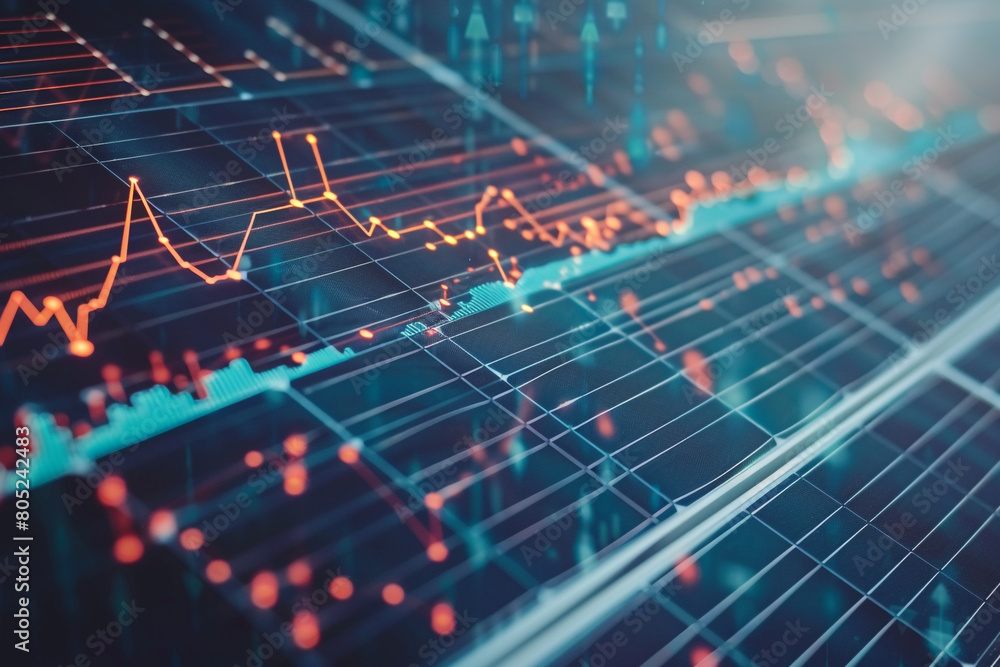 Macro shot of a solar panel texture with financial graphs showing renewable energy market trends Macro shot of a solar panel texture with financial graphs showing renewable energy market trends