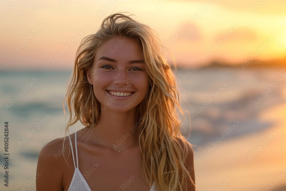 Beautiful blonde girl smiling on the beach Beautiful blonde girl smiling on the beach