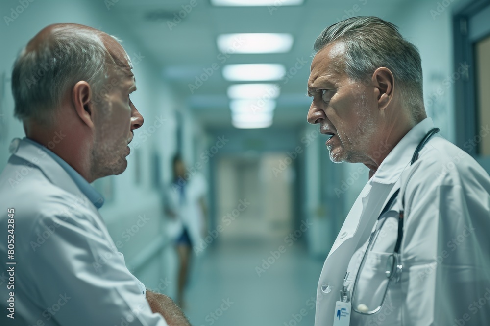 Doctors talking in hospital corridor. Doctors talking in hospital corridor.