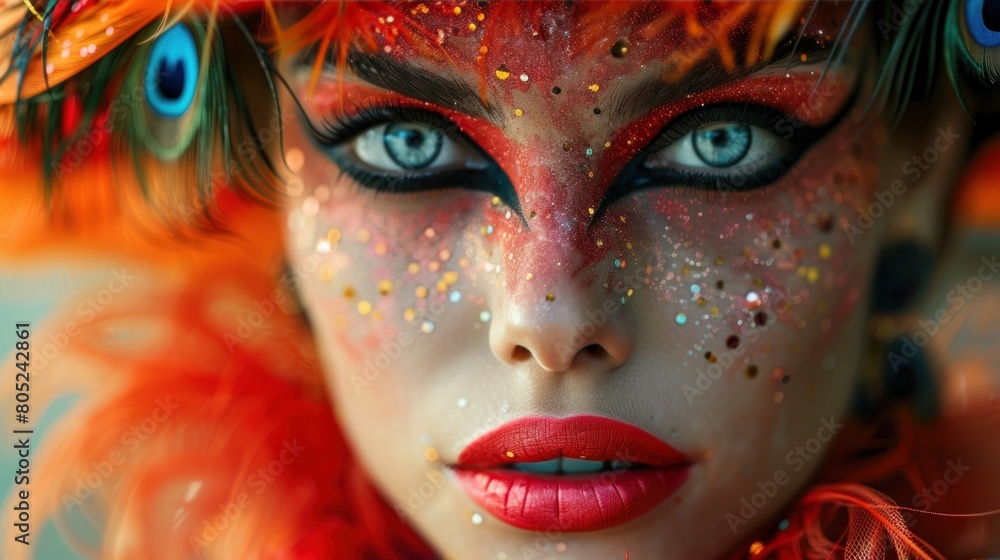 a woman with painted face at a carnival party in Venice, showcasing vibrant makeup and glamorous style a woman with painted face at a carnival party in Venice, showcasing vibrant makeup and glamorous style