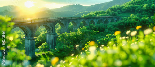 Majestic viaduct arching over a verdant valley, an example of historic engineering in a picturesque landscape