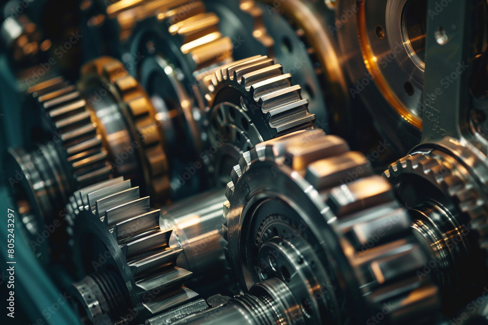 Macro shot of interlocking gears and cogs inside a machine, showcasing precision engineering Macro shot of interlocking gears and cogs inside a machine, showcasing precision engineering