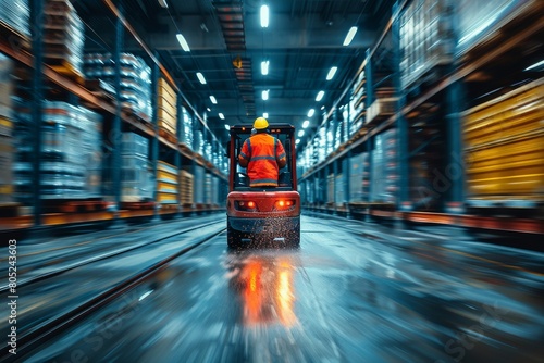 The dynamic scene captures a warehouse worker dedicatedly operating a forklift, rushing to arrange the inventory against a backdrop of motion blur photo