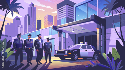 photo for advertising a private security company and security guards, all black uniform with short sleeves and a cloth cap, standing next to a patrol car