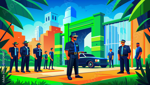 photo for advertising a private security company and security guards, all black uniform with short sleeves and a cloth cap, standing next to a patrol car