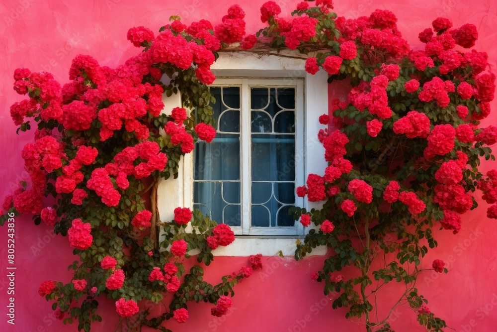 Fototapeta premium Radiant Red rose glass window. Romance floral. Generate Ai