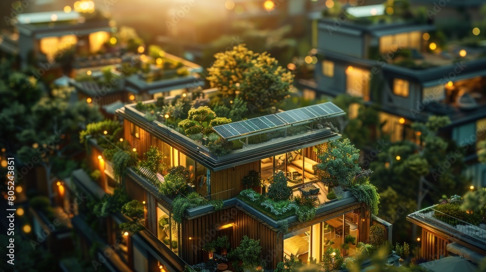A green house or building with a rooftop garden and solar panels on the roof is an innovative design with sustainability in mind.