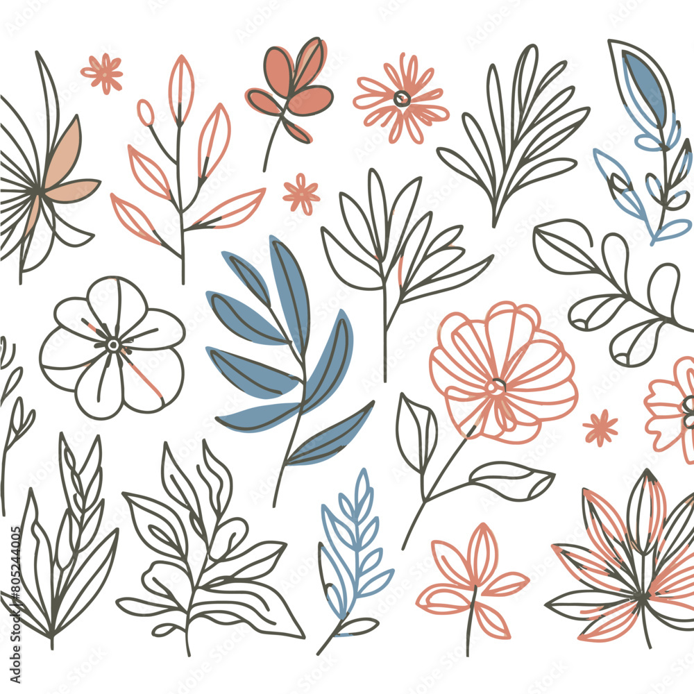set of linear icons of flowers and plants, vector illustration of floral colorful background.