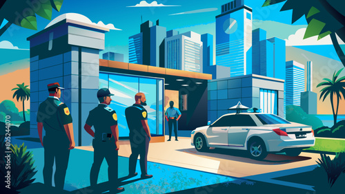 photo for advertising a private security company and security guards, all black uniform with short sleeves and a cloth cap, standing next to a patrol car