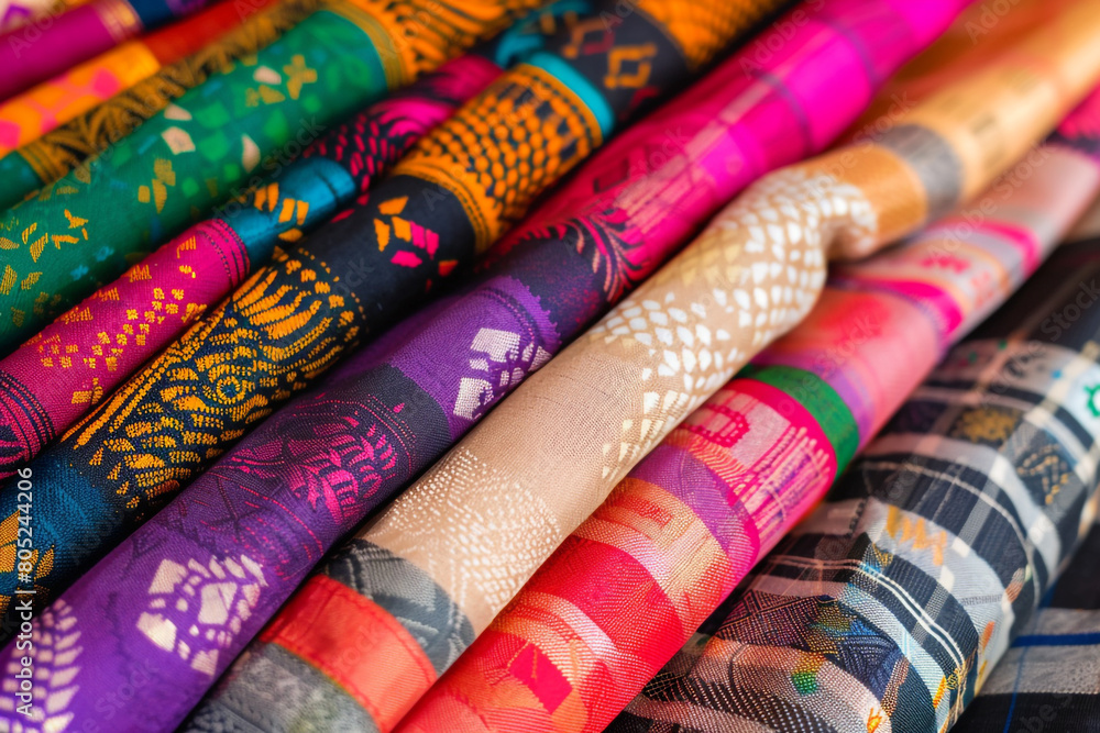 Macro view of a colorful array of traditional fabrics from around the world, each pattern telling the story of its people and heritage Macro view of a colorful array of traditional fabrics from around the world, each pattern telling the story of its people and heritage