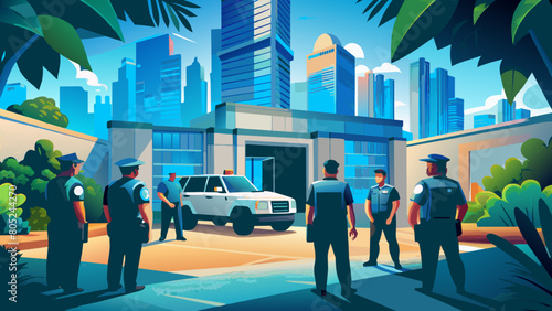 photo for advertising a private security company and security guards, all black uniform with short sleeves and a cloth cap, standing next to a patrol car