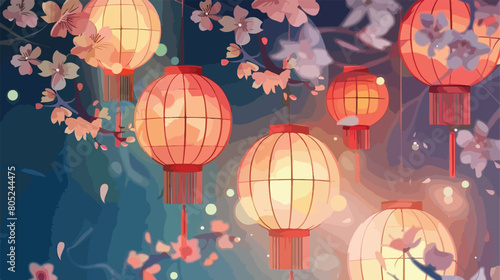 Traditional Chinese lanterns with paper flowers as background photo