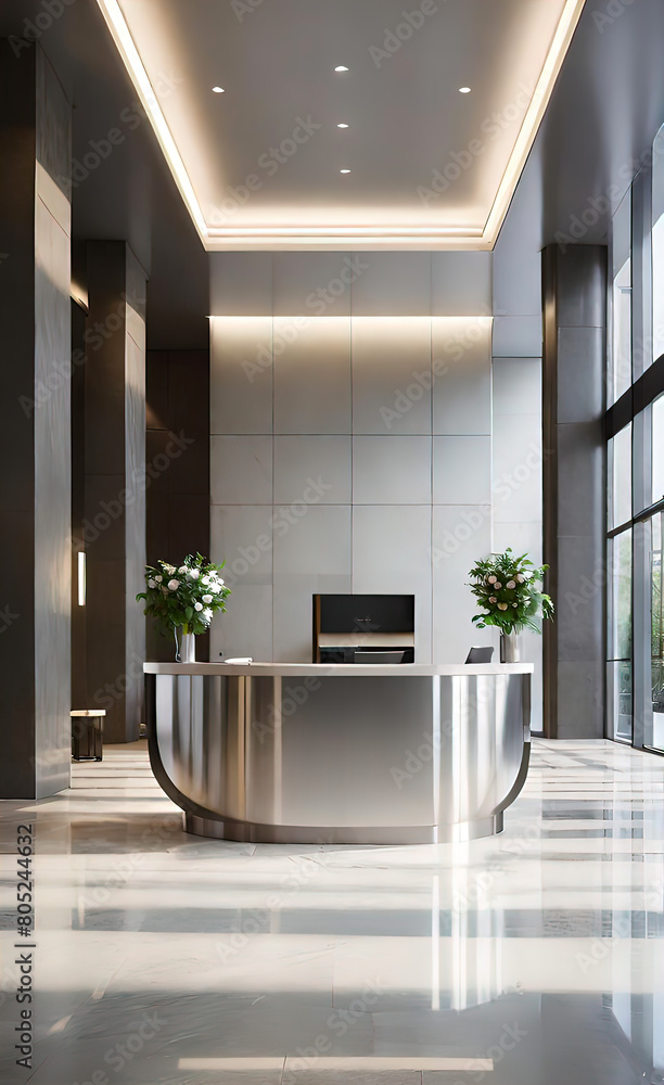 Fototapeta premium Reception desk and checkpoint at the entrance to a large modern office or hotel, modern visiting services,