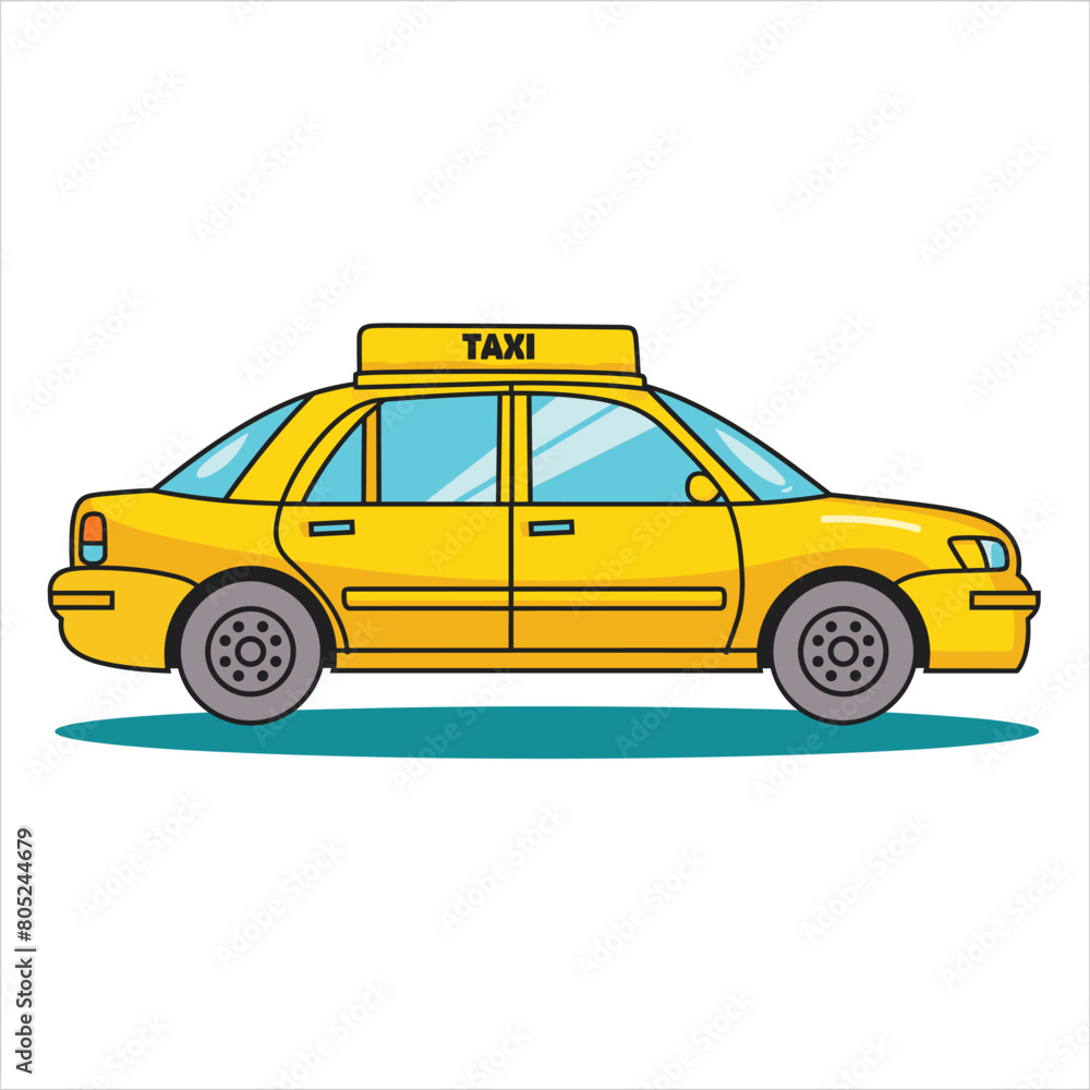 Fototapeta premium Yellow taxi cab cartoon illustration side view. City transport yellow sedan taxi vehicle, commercial transportation, car isolated white background, urban service