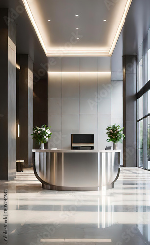 Reception desk and checkpoint at the entrance to a large modern office or hotel  modern visiting services 