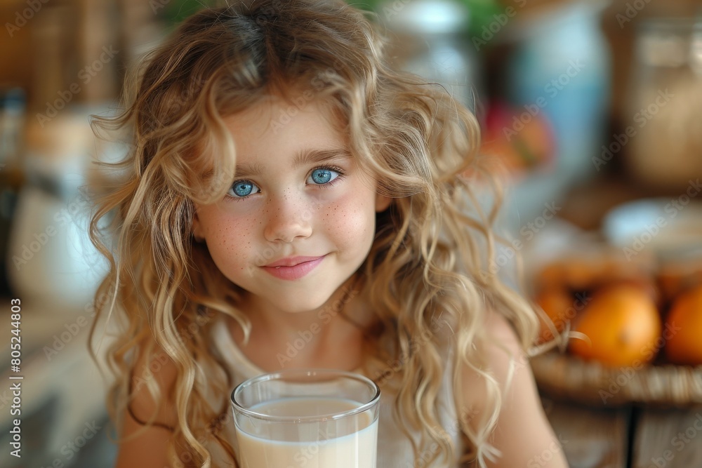 A charming portrait of a young girl holding a glass of milk with a backdrop of natural elements in a homely setting A charming portrait of a young girl holding a glass of milk with a backdrop of natural elements in a homely setting