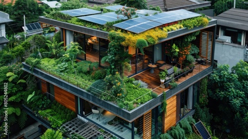 A green house or building with a rooftop garden and solar panels on the roof is an innovative design with sustainability in mind.