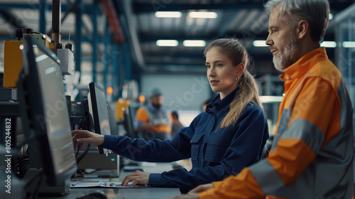 An engineer and a woman scientist are using a laptop computer and talking in a factory with equipment for the production of modern electronic components for various industries, a modern electronics fa