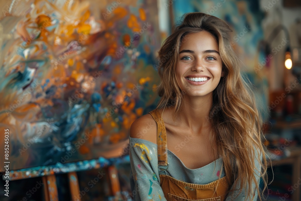 Naklejka premium A radiant young artist stands in her vibrant studio, surrounded by colorful paint and artwork