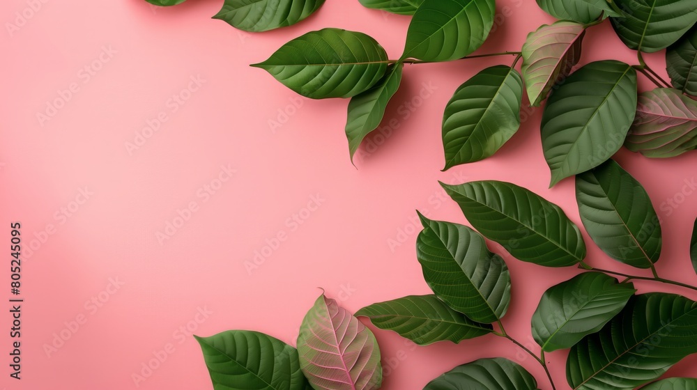Leaves Background. Leaves on paster background with copy space. Minimalist pastel background with green leaves. Kratom leaves on pastel background. Leaves Background. Leaves on paster background with copy space. Minimalist pastel background with green leaves. Kratom leaves on pastel background.