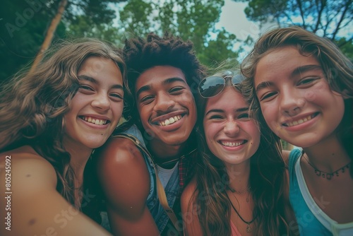 Multiracial young people laughing together at camera © bramthestocker