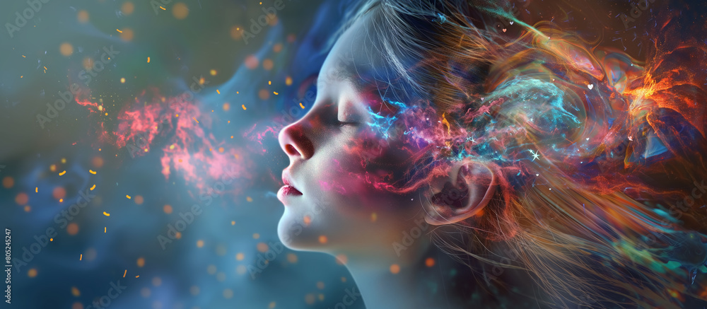 Transcendent Dreams, Stylized head of a young girl in meditation, imagination illustration.
Transcendent Dreams, Stylized head of a young girl in meditation, imagination illustration.