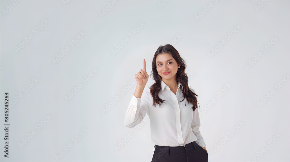 smiling pretty well-groomed young woman showing index finger up, isolated on white background, empty copy space smiling pretty well-groomed young woman showing index finger up, isolated on white background, empty copy space