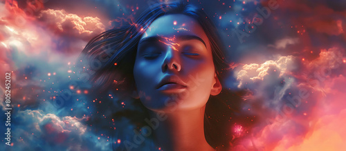 Transcendent Dreams, Stylized head of a young girl in meditation, imagination illustration.
