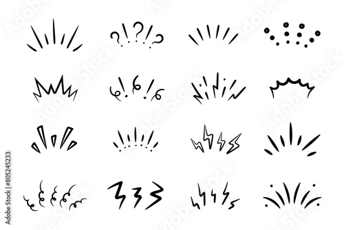 Set of doodle brush signs inspiration, surprise, attention, question, shock, concentration. Sketch stroke lines.