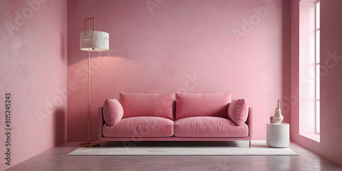 Modern minimal interior of living room with cozy pink sofa and floor lamp and white and pink concrete wall background