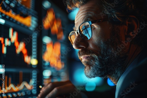 Financial analyst using a desktop computer