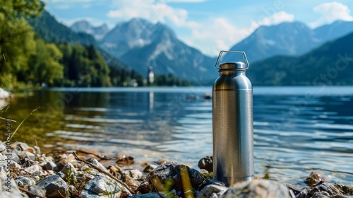 Close-up of a steel eco-therm water bottle against a mountain lake backdrop. Avoid using plastic. No waste. Copy space. Nothing but plastic and zero waste