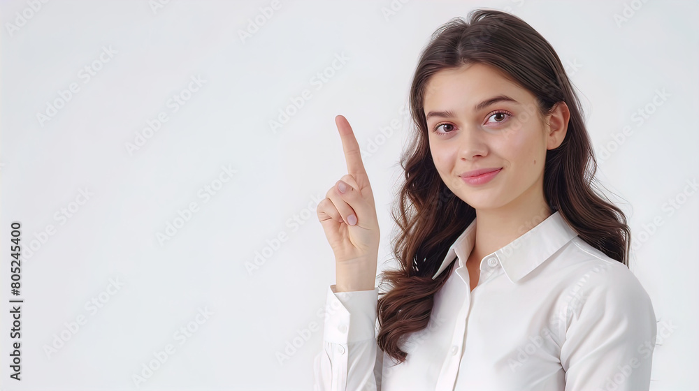 smiling pretty well-groomed young woman showing index finger up, isolated on white background, empty copy space smiling pretty well-groomed young woman showing index finger up, isolated on white background, empty copy space