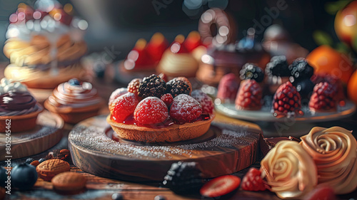 delicious sweet dessert on the table, sweets and cookies on the table, small cake with berries