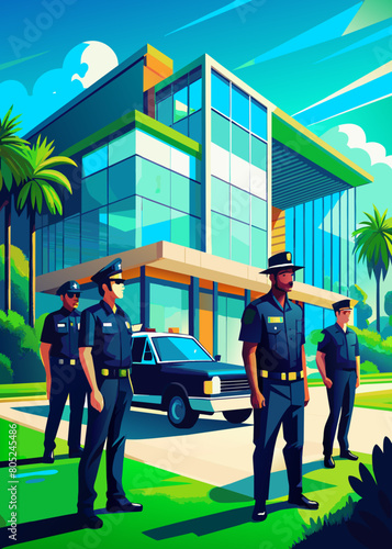 photo for advertising a private security company and security guards, all black uniform with short sleeves and a cloth cap, standing next to a patrol car