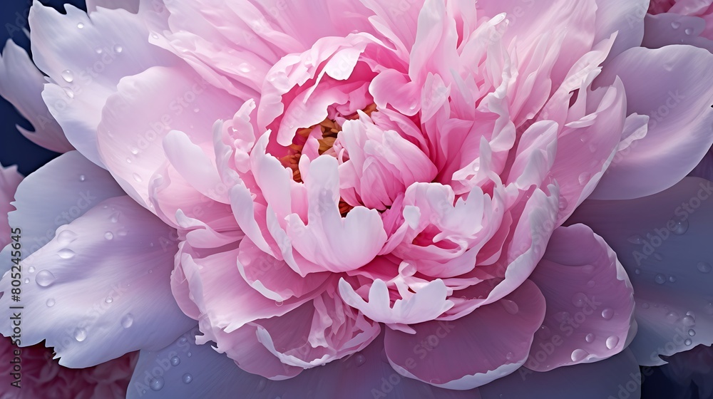 Close-up of a delicate pink peony blossom, its lush petals opening to reveal a profusion of delicate stamens.