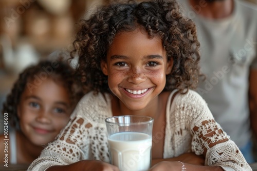Young girl with curly hair smiles brightly as she holds a glass of milk, with another child in the background