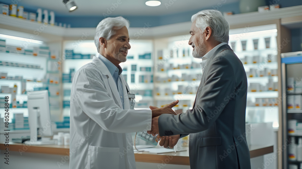 pharmaceutical company sales representative presenting a new drug to a doctor in the medical building, handshake, handshake concept when making a deal, pharmaceutical company sales representative presenting a new drug to a doctor in the medical building, handshake, handshake concept when making a deal,