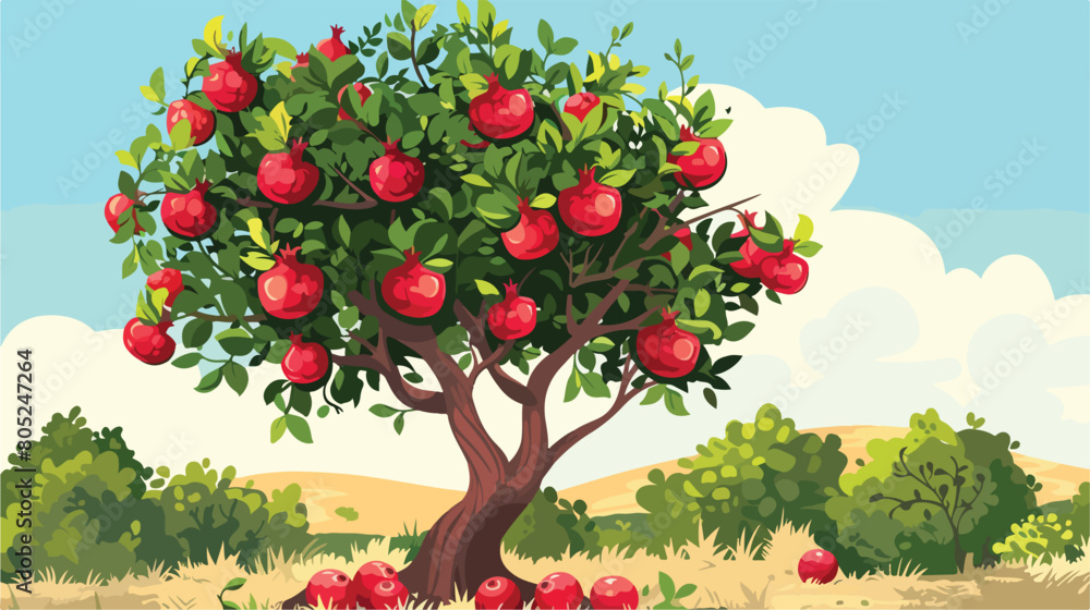 Tree with tasty pomegranates on farm closeup style
