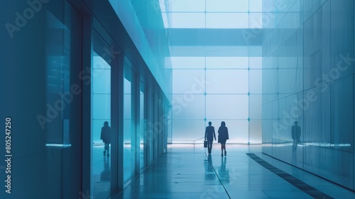 Futuristic Vision: Silhouetted Business Pair in Corporate Passage