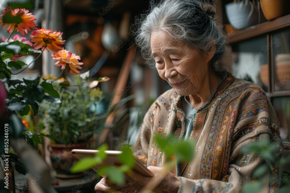Fototapeta premium Young girl showing something on tablet to elderly grandmother
