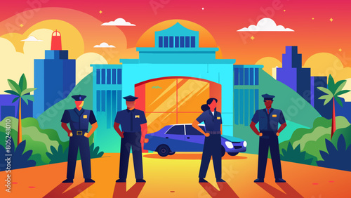 photo for advertising a private security company and security guards, all black uniform with short sleeves and a cloth cap, standing next to a patrol car