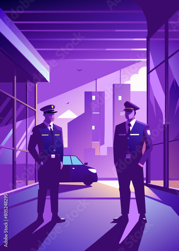 photo for advertising a private security company and security guards, all black uniform with short sleeves and a cloth cap, standing next to a patrol car