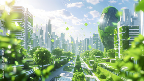 A futuristic 3D-rendered scene showcasing a World Environment Day event  with innovative green technology  renewable energy sources  and eco-friendly initiatives on display in a sustainable cityscape