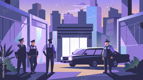 photo for advertising a private security company and security guards, all black uniform with short sleeves and a cloth cap, standing next to a patrol car