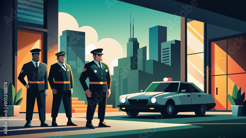 photo for advertising a private security company and security guards, all black uniform with short sleeves and a cloth cap, standing next to a patrol car