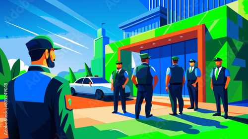 photo for advertising a private security company and security guards, all black uniform with short sleeves and a cloth cap, standing next to a patrol car