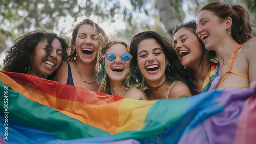 A joyful portrait of a group of friends posing together with the pride flag, laughing and smiling as they celebrate diversity and inclusion