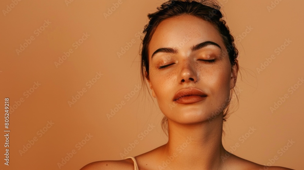 A woman with brown hair and brown eyes is sitting with her eyes closed A woman with brown hair and brown eyes is sitting with her eyes closed