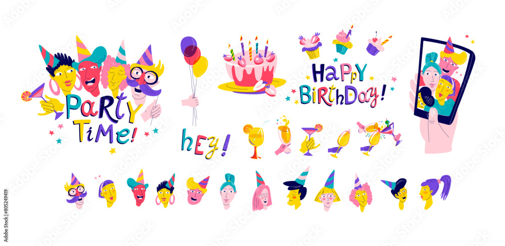 Birthday Party Background set with Fun colorful Characters Birthday Party Background set with Fun colorful Characters